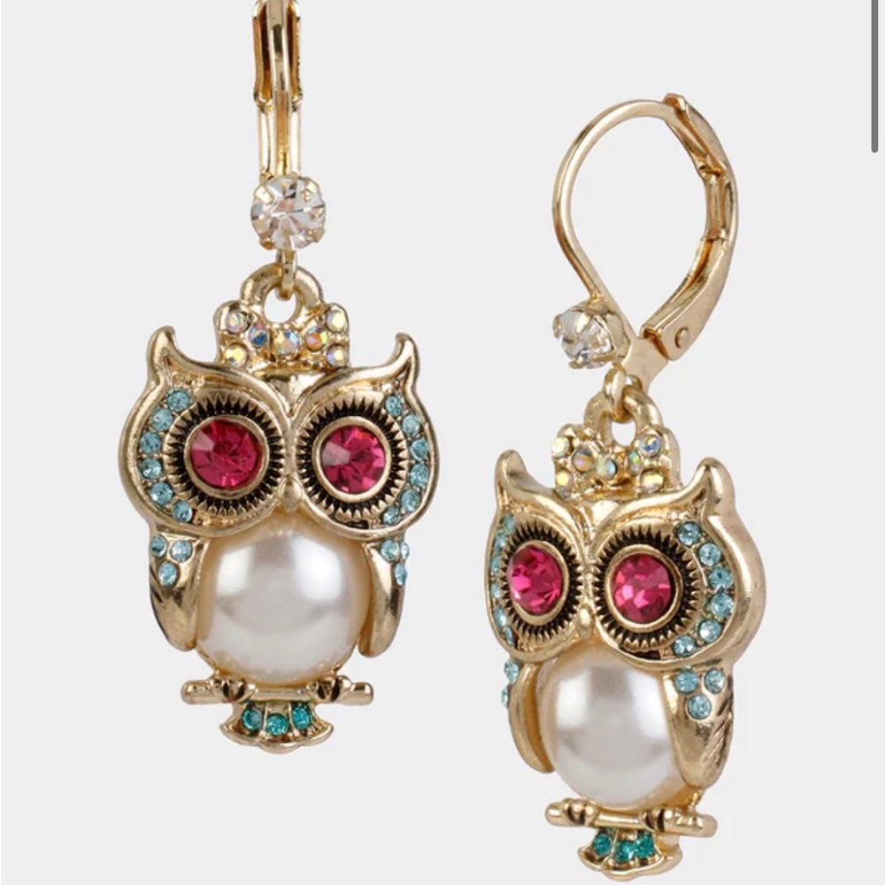 Betsey Johnson Pearl Owl Drop Earrings